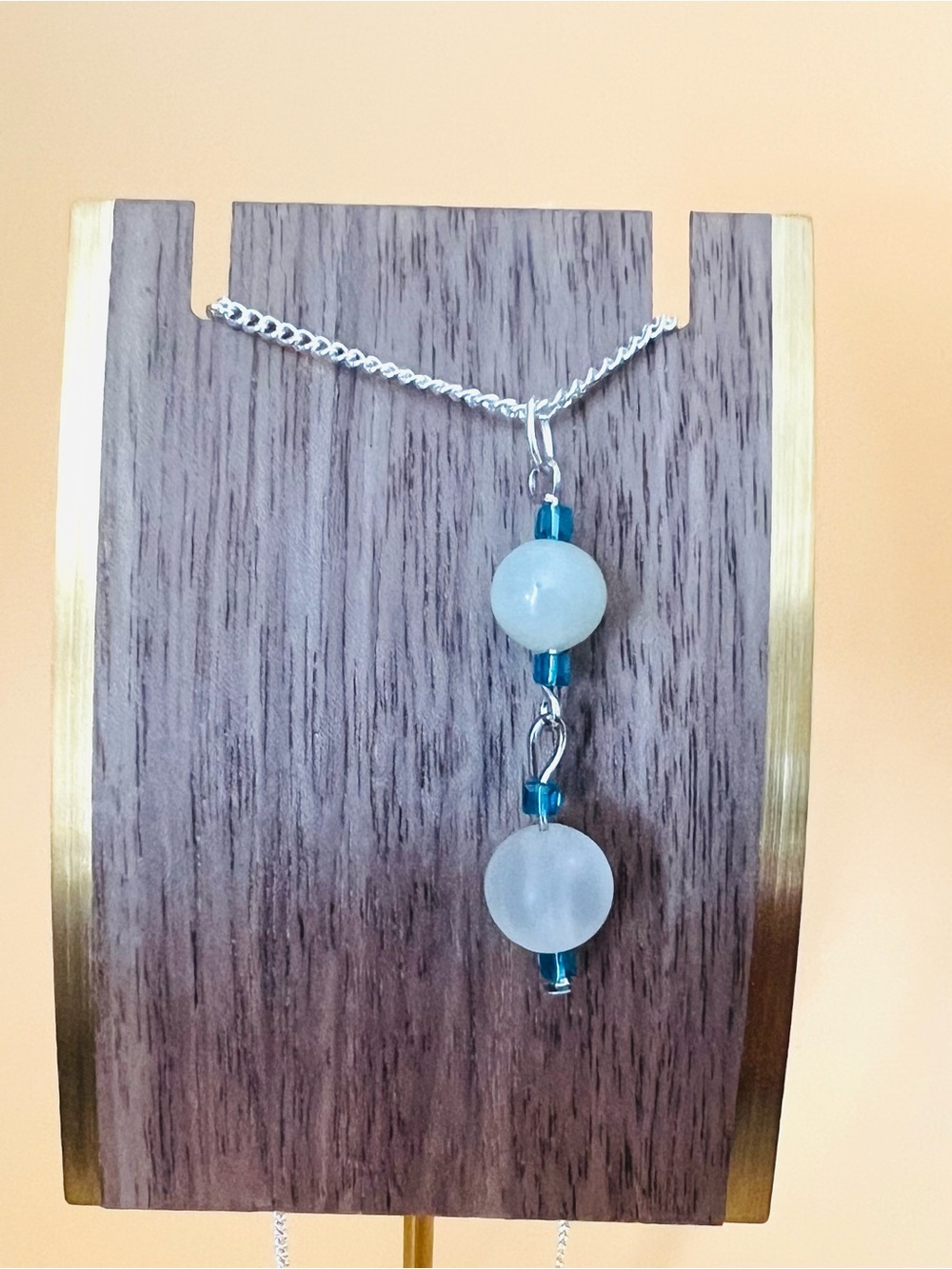Blue Beaded crystal Drop Pendant Necklace - silver plated